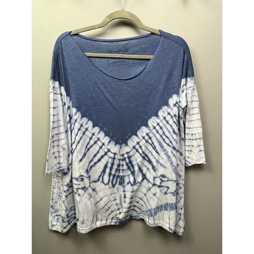 We The Free Top Womens XS Blue White Tie Dye Oversized Scoop‎ Neck 3/4 Sleeve